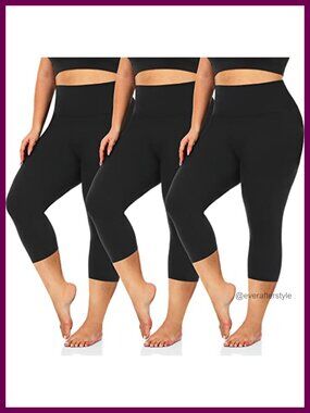 Plus Size Capri Leggings High Waist Tummy Control 4 Way Stretch Yoga Workout